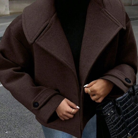 Coffee Brown Casual Women's Large Lapel Decorated Button Long Sleeve Coat - Picture 1 of 7